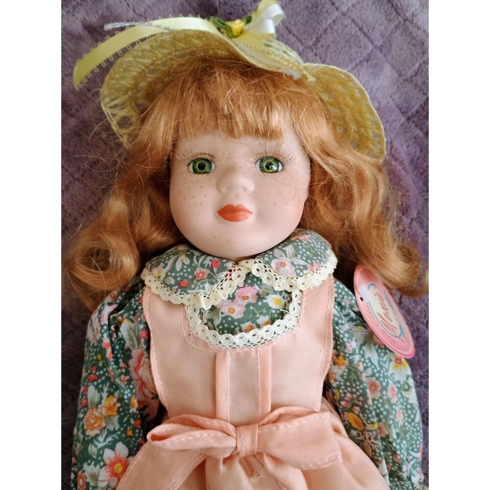 Menie 15" Porcelain Style Doll Red Hair Green Eyes Freckles Stand Floral Dress